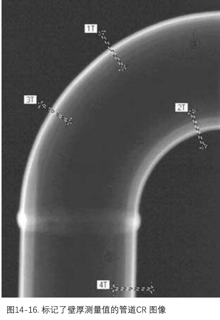 標(biāo)記了壁厚測(cè)量值的管道CR 圖像