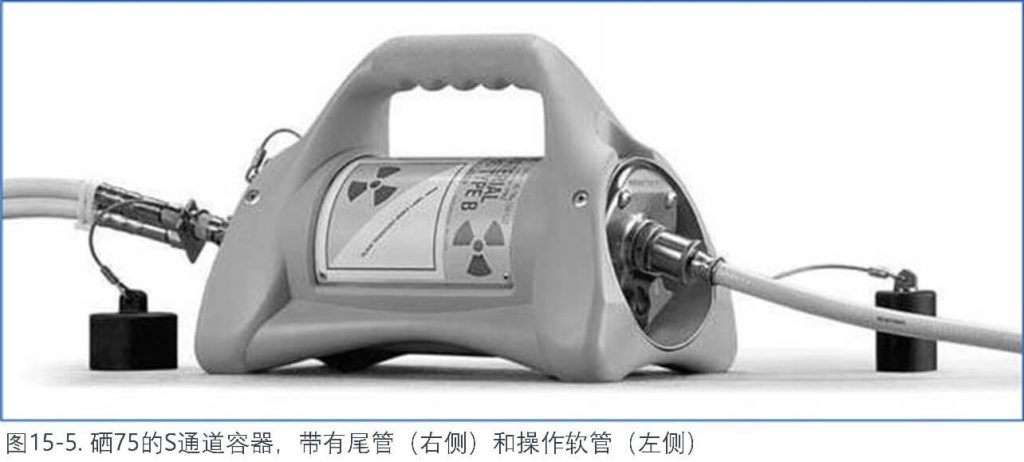 硒75的S通道容器，帶有尾管 (右側(cè)) 和操作軟管 (左側(cè))
