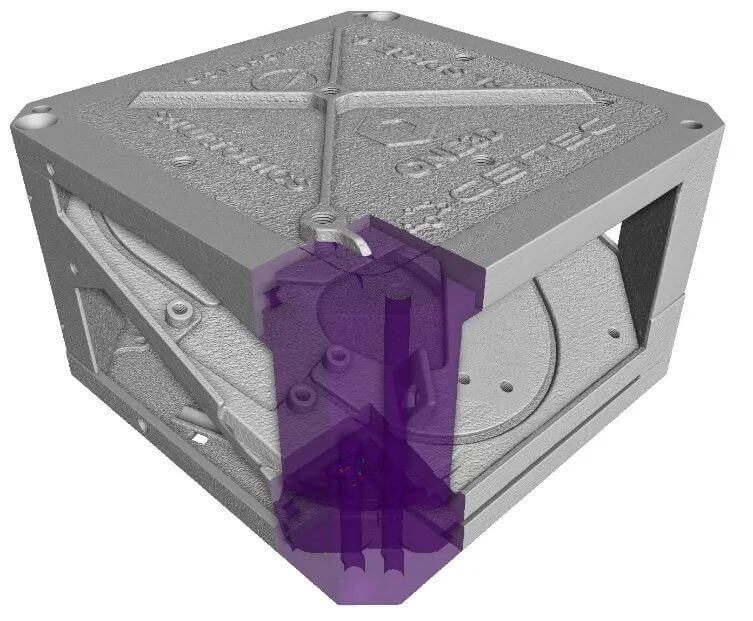 展示通過工業(yè)CT掃描獲得的三維結(jié)構(gòu)圖，重點區(qū)域以紫色標(biāo)注，突出顯示對螺紋區(qū)域的精密無損檢測分析。