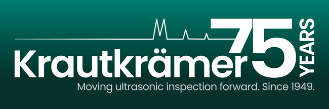 Krautkr?mer 75周年標志，綠色背景，文字“Krautkr?mer 75 Years”和“Moving ultrasonic inspection forward. Since 1949.”。