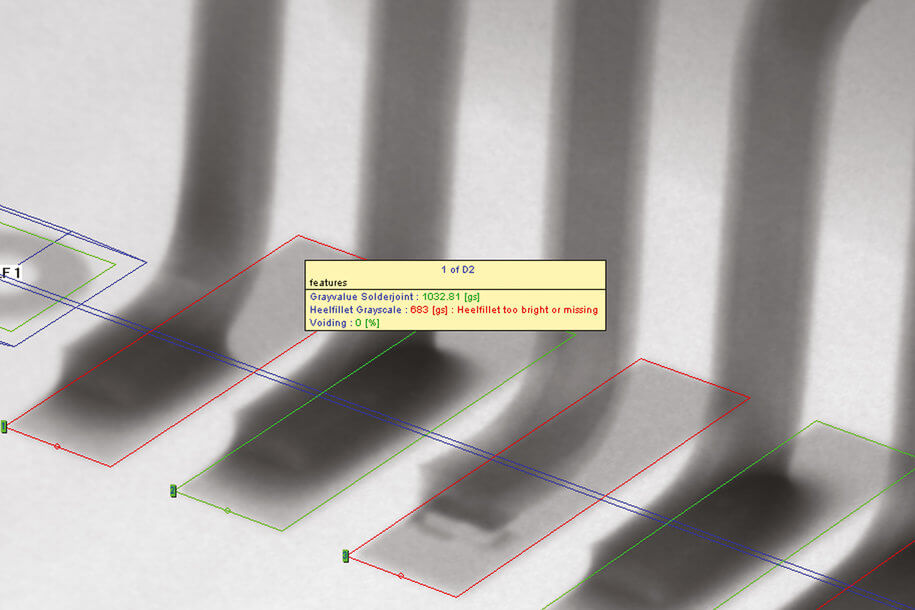 X光圖像顯示電路板焊接點，帶有自動識別缺陷的分析數(shù)據(jù)，用于電子組件的焊接質(zhì)量檢測。