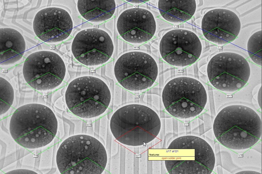BGA封裝焊球的X射線圖像，顯示多個焊點并標記出開焊缺陷，用于精密電子器件的無損檢測。