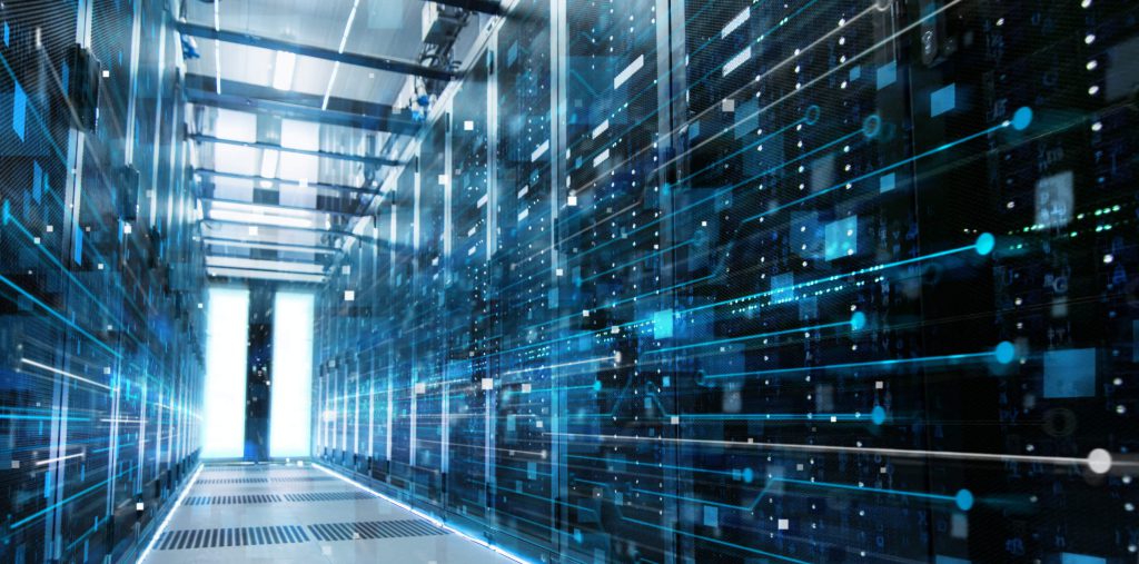 數(shù)據(jù)中心內(nèi)部視圖，代表數(shù)字孿生、云計(jì)算和人工智能技術(shù)的核心基礎(chǔ)設(shè)施，是推動(dòng)無(wú)損檢測(cè)與智能制造數(shù)字化轉(zhuǎn)型的關(guān)鍵平臺(tái)。