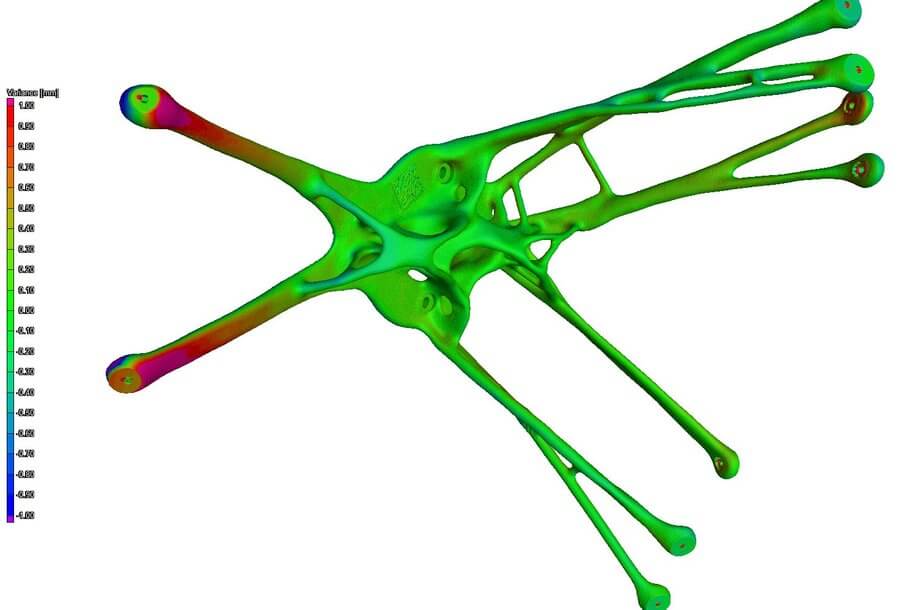 一個(gè)復(fù)雜的彩色3D模型，帶有綠色手臂和紫色底座，配有顏色刻度表示測(cè)量值，可能是掃描的增材制造組件。