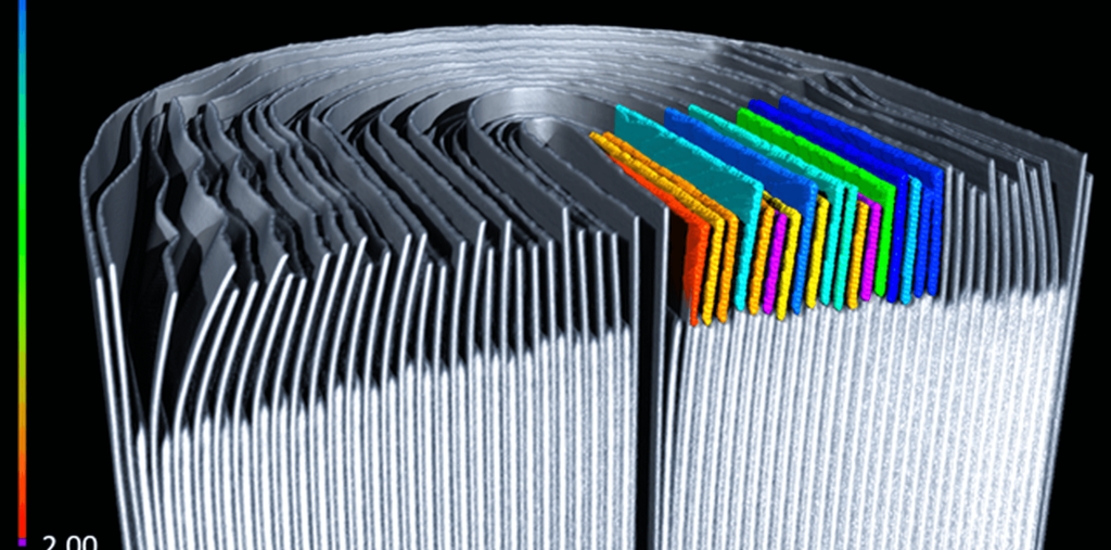 CT無損檢測掃描圖像顯示鋰離子電池內(nèi)部結(jié)構(gòu)，采用彩色標(biāo)注分析各層極片缺陷，用于電動汽車電池質(zhì)量控制與失效分析。