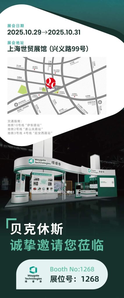 2025QC中國(guó)國(guó)際質(zhì)量控制展上海世貿(mào)展館交通地圖，顯示展會(huì)日期與Waygate Technologies展位信息