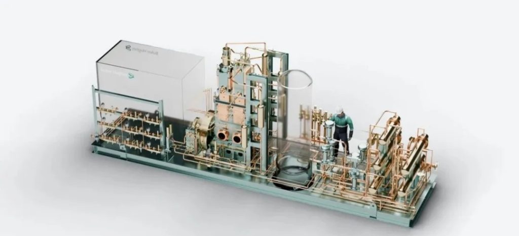 貝克休斯HRS550氫燃料加注站壓縮機(jī)系統(tǒng)三維模型，展示整體管路布局、核心壓縮模塊與工程師操作位置